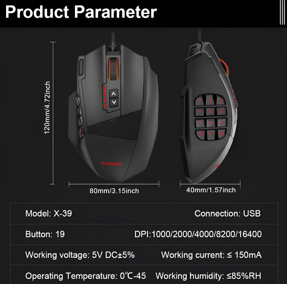 E-YOOSO X-39 Gaming RGB LED Mouse *16400 DPI* Side Buttons Laptop Optical Wired - Image 3 of 4