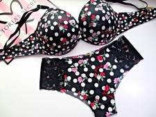 VICTORIA'S SECRET PINK Super Push Up Bra and Panty Set VS Black White Dot 36D XL
