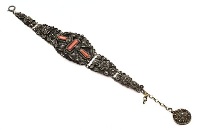 Stupendous Antique Chinese Export Silver Coral Panel Link Bracelet