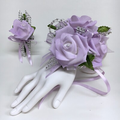Glamour Triple Lavender Foam Roses on Lavender  Prom Corsage & Boutonniere Combo