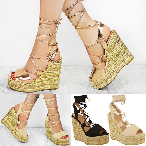 Mujer señoras Cuña Alpargata Sandalias Plataformas De Fiesta De Encaje tie  up con Tiras Talla | eBay
