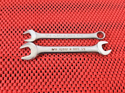 2 HUSKY MADE IN THE U.S.A. WRENCHES, #33014 7/16'' COMBO & #34018 9/16'' &1/2'' OE 