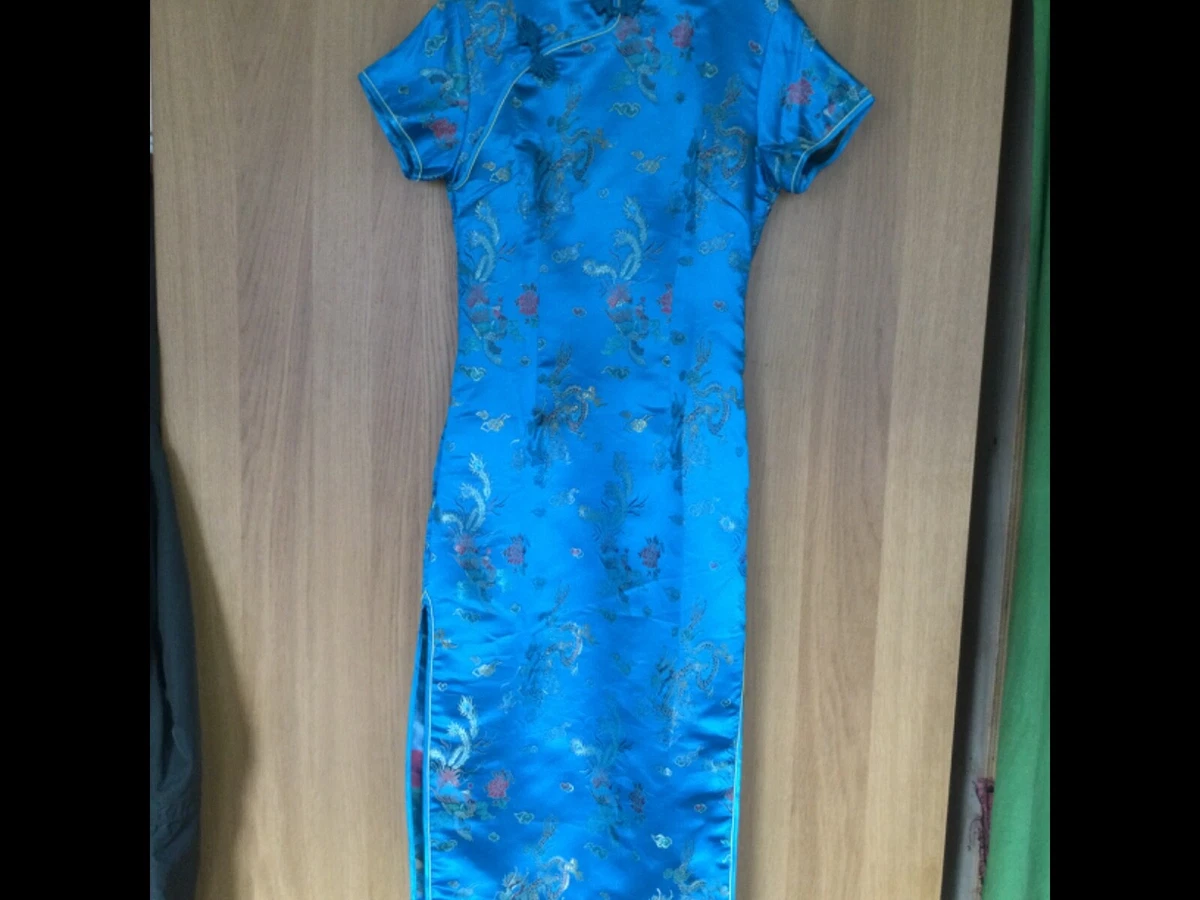 Beautiful Women s Long Length Cheongsam Turquoise Oriental Dress UK Size 8
