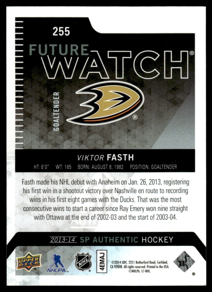 2013-14 SP Authentic Viktor Fasth Rookie 0926/1299 Anaheim Ducks #255 - Image 2 of 2