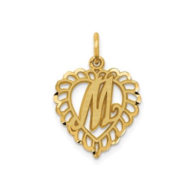14k Yellow Gold Heart Pendant Script M Filigree Initial Necklace for Women