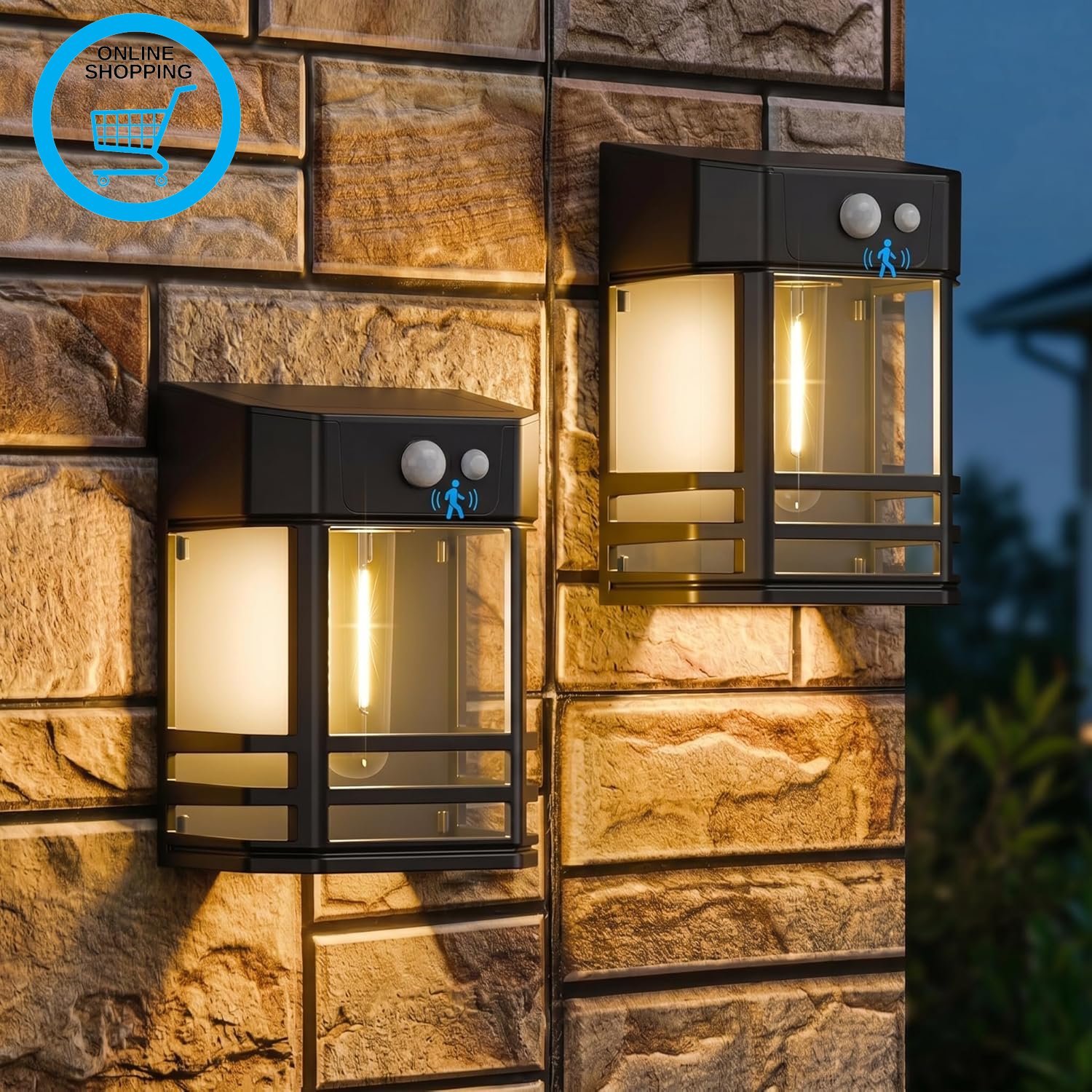 2 Pack Solar Wall Lights Outdoor with Motion Sensor, 3 Modes Retro Garden Fence
