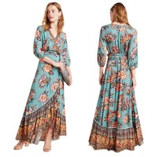 Farm Rio Dress Womens XS Blue Brown Viera Floral Wrap Maxi Ruffle Boho Hippie