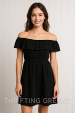 LOFT Black Off Shoulder Ruffle Dress M Elastic Waist Knee Length Casual Chic