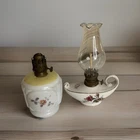 Pair of Vintage Porcelain Oil Lamps – Hand-Painted Floral Milk Glass Miniature