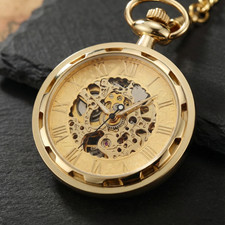 Exquisite Gold-Tone Skeleton Mechanical Pocket Watch with Roman Numerals