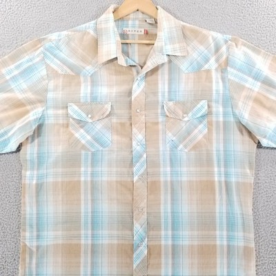 Roper Shirt 2XLT Tan Blue Pearl Snap Western Ranch Cowboy Short Sleeve XXL TALL