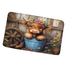 Funny Highland Cow Bath Mat Farmhouse Western Animal Cute Calf Floral Flower ...