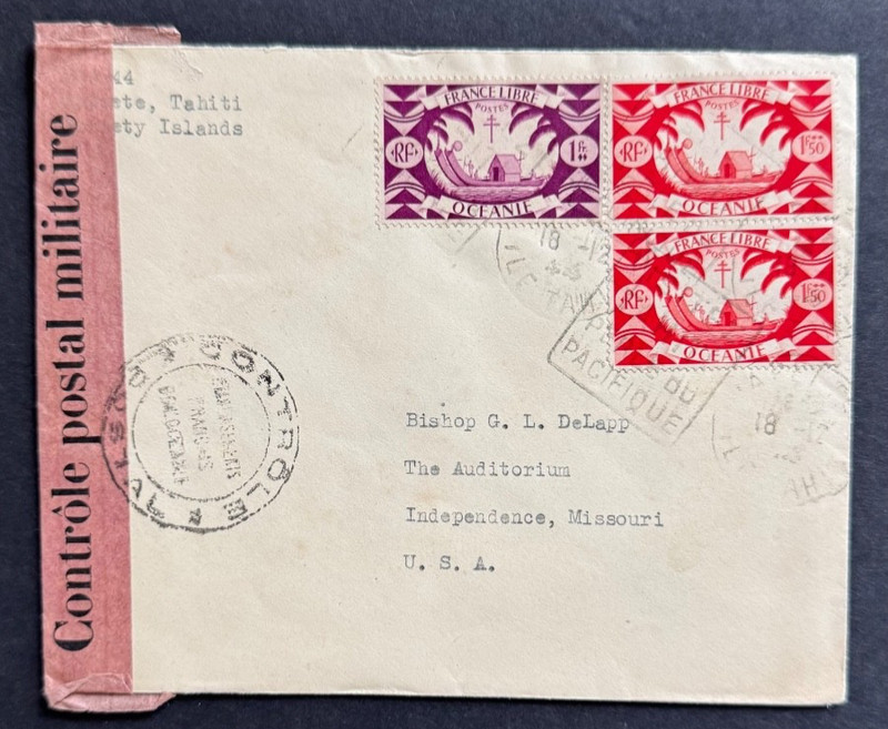 AtoZ. Tahiti Society Islands 1944 WWII Censored to USA