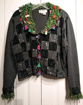 Jack B Quick Cardigan Sweater Women XL Ugly Xmas Beaded Sequin Fringe Cropped