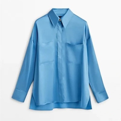 Massimo Dutti Blue Long Sleeve Button-Up Satin Blouse Sz L