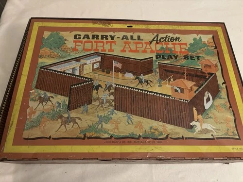 Vtg LOUIS MARX  & Co. Tin CARRY-ALL ACTION FORT APACHE PLAY SET