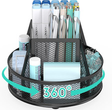 Metal Mesh Desk Organizer with 5 Compartments and Rotating Pencil Holder Pen