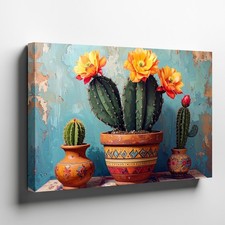 Wall Art Canvas a Folk Art Style Painting of a Cactus in a Patterned Pot