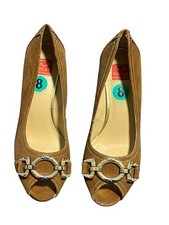 Women’s Oscar de la Renta Suede Peep Toe Heels Size 8 Brown Suede Gold Hardware