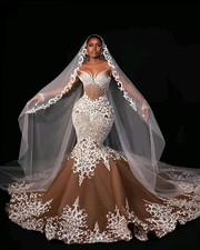 African Nigeria Mermaid Wedding Dresses Beaded Lace Applique Sleeves Bridal Gown