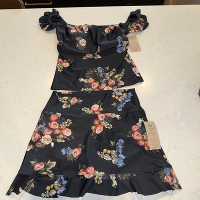 NWT $156 Albion  Bella Floral Print Tankini Top & Swim Skirt Rose Black Large