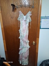 Brand New! Pink Green Floral Ruffle Sheer Chiffon Maxi Dress