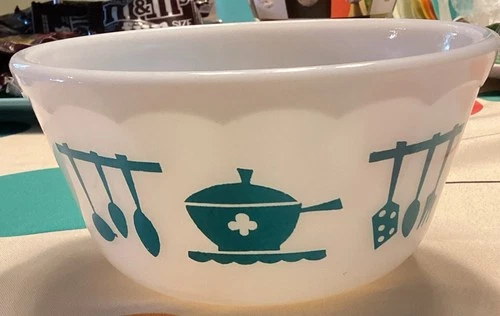 Vintage Hazel Atlas Kitchen Aids Turquoise Mixing Bowl - 5.75” - Scalloped