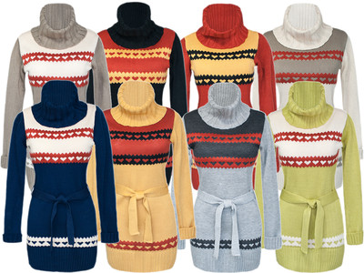 Sexy Strickpullover Longpulli mit Rollkragen und Gürtel 