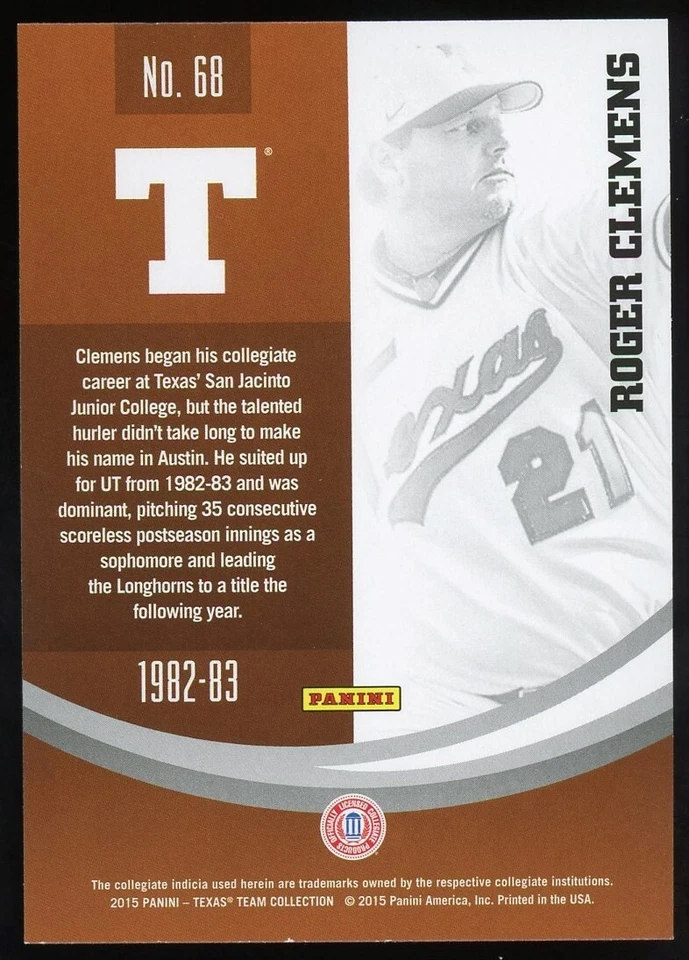 2015 Panini Collegiate Texas Roger Clemens Silver Parallel Yankees Red Sox #68 - Image 2 of 2