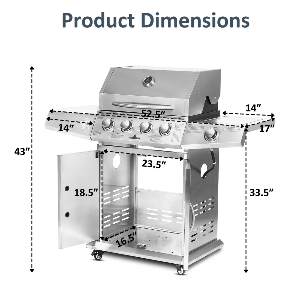 Parrilla de gas propano 4 quemadores carro de parrilla de acero inoxidable cocina al aire libre barbacoa 4+1 Foto 3 de 4