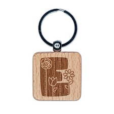 Sweet and Cute Flowers Rounded Block Letter E Engraved Wood Square Keychain