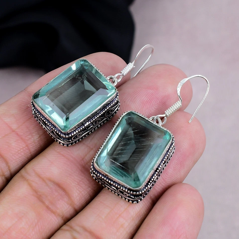 Pendiente de piedras preciosas de aguamarina de plata de ley 925 hecho a mano joyería regalo Foto 3 de 4