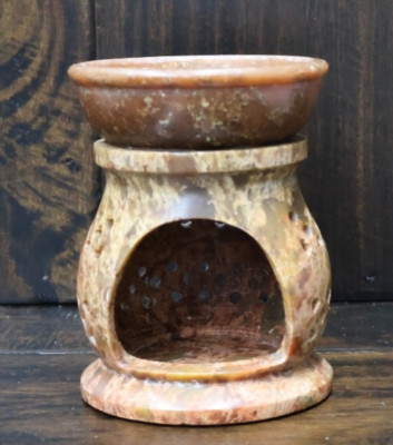 Soapstone Incense Oil Diffuser Tealight Holder Hand Carved Ornate Leaf Pattern
