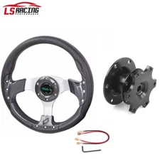 13" Black Universal 6 Hole Steering Wheel w/Horn Button+Quick Release Adapter