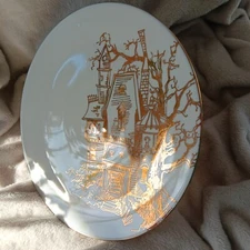 Ciroa Cake Plate w/ Haunted House Image, Gold Base; Discontinued; RARE; NWOT