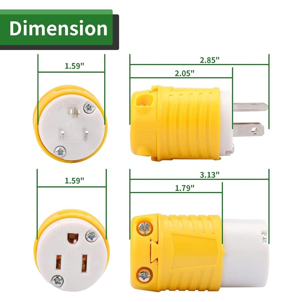 Extension Cord Ends Male and Female Plug, 15 Amp 125 Volt Heavy Duty