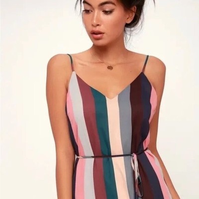 Lulu's Erina Mauve Multi Stripe Belted Midi Slip Dress size Small NEW | eBay