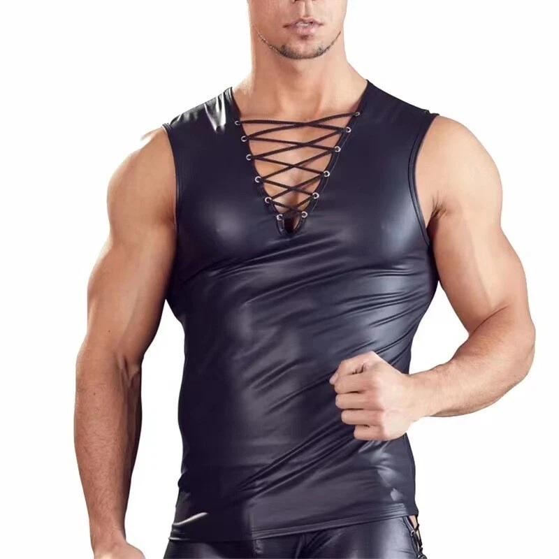 Herren Kunstleder Weste Ärmellos Hemd Tank Top Schnürer Weste S-7XL - Bild 3 von 4