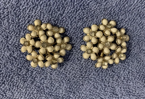 Vtg Costume Jewelry White Faux Pearl-like Stones w/ Rhinestones Clip-on Earrings