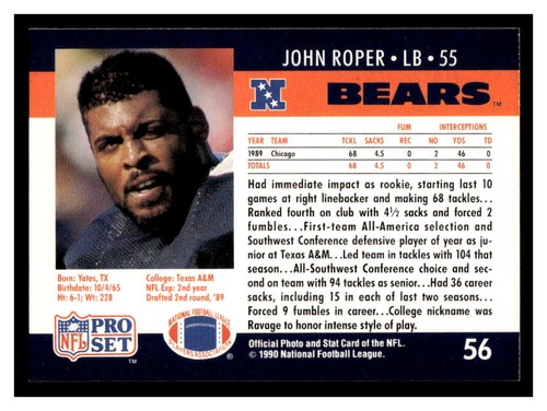 1990 Pro Set #56 John Roper - Chicago Bears Rookie | eBay