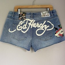 Ed Hardy Love Eternal Denim Jean Shorts Raw Hem Cut-off Y2K inspired Size 30