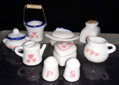 LOT OF 12 SET MINI DE CHEN BLUE & PINK HEARTS TEA KITCHEN DOLL HOUSE MINIATURES