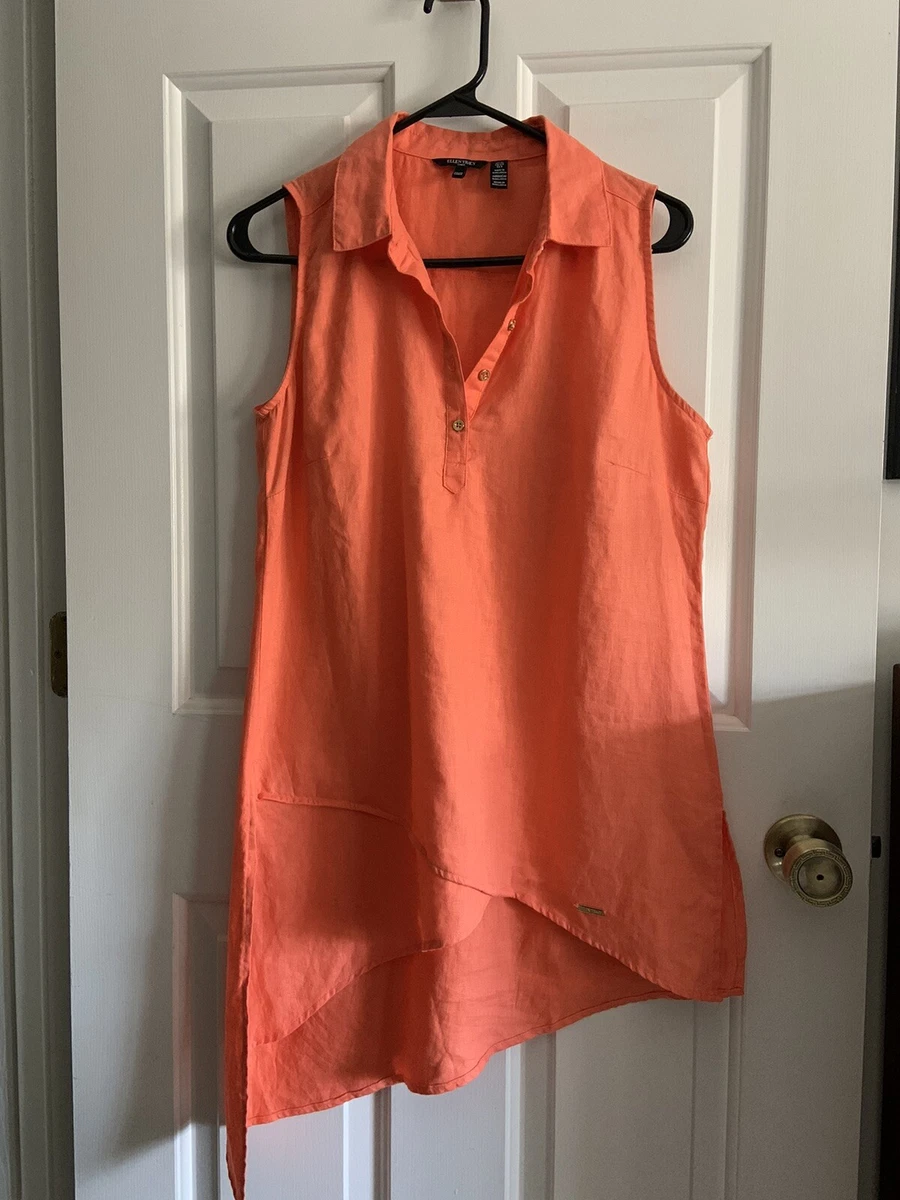 Ellen Tracy Pure Linen Orange Asymmetrical Hem Sleeveless Tunic