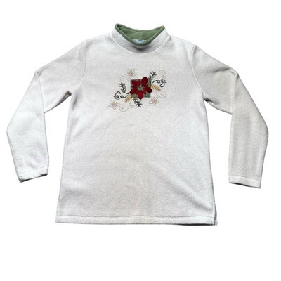 Croft & Barrow Sport Fleece Pullover Women S White Poinsettia Mock Neck Holiday