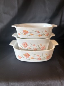 Vintage Corning Ware Peach Floral Casserole Set A-2-B, A-1.5-B, A-1-B, No Lids