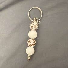Handmade Beaded Keychain Key Ring with White Brown Spotted Beads