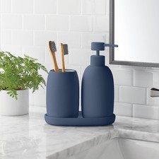 Ceramic Stoneware Soap Dispenser Tumbler and Tray Set Blue Bathroom Accessories