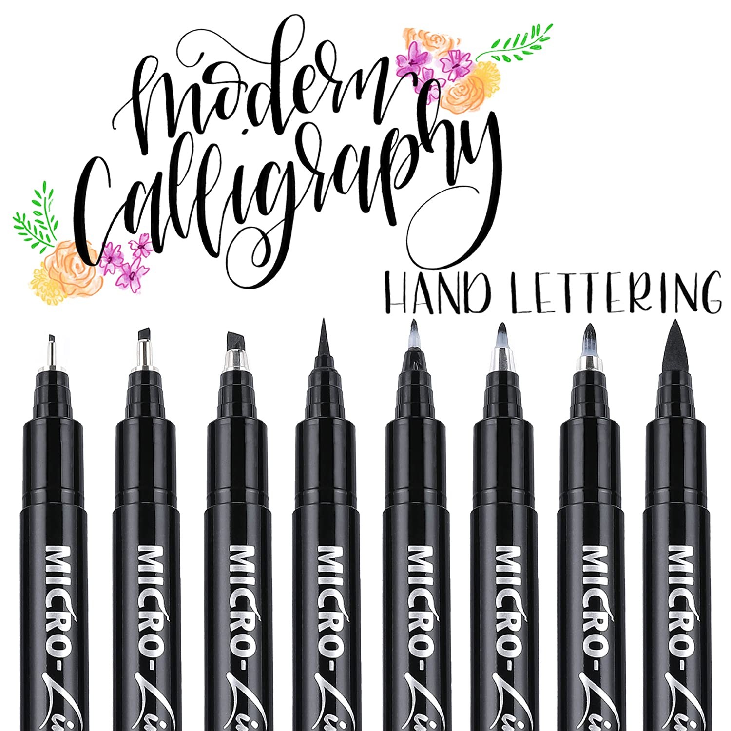 Hand Lettering Pens, Calligraphy Brush Pens Art 8 Piece Set, Black