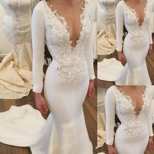 Elegant V Neck Wedding Dresses LongSleeve Beaded Lace Applique Fishtail Trailing