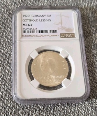 1929 F 3 Reichsmark Lessing NGC MS63 Silber Weimarer Republik Stempelglanz Top!